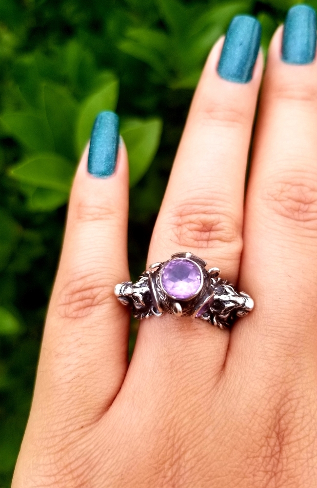 925 Sterling silver antique lion amethyst ring